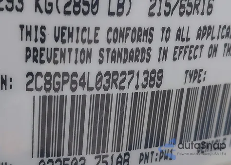 2003 Chrysler Town & Country Limited z USA, uszkodzony, nr VIN 2C8GP64L03R271389